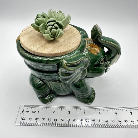 Elephant Succulent Planter Vtg Green Lucky Trunks Up Bamboo MCM Candle Holder - Picture 8 of 9
